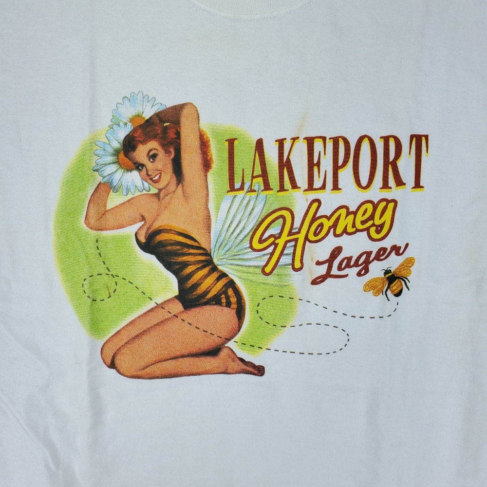 Vintage Lakeport Honey Lager T-Shirt Mens XL White Pinup Girl Beer Graphic Tee